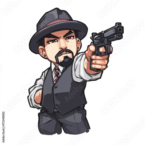 Cartoon illustration of a gangster character in a classic suit and hat, pointing a gun forward. Mafia-inspired, vintage style, perfect for games, comics, and creative projects.