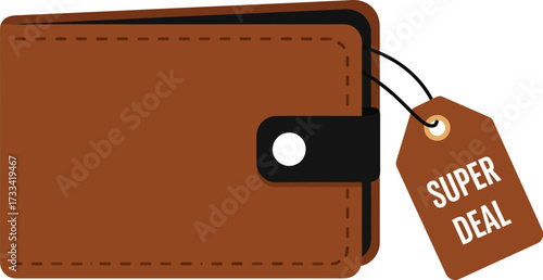 Brown leather wallet with a "Super Deal" tag, symbolizing savings and smart shopping