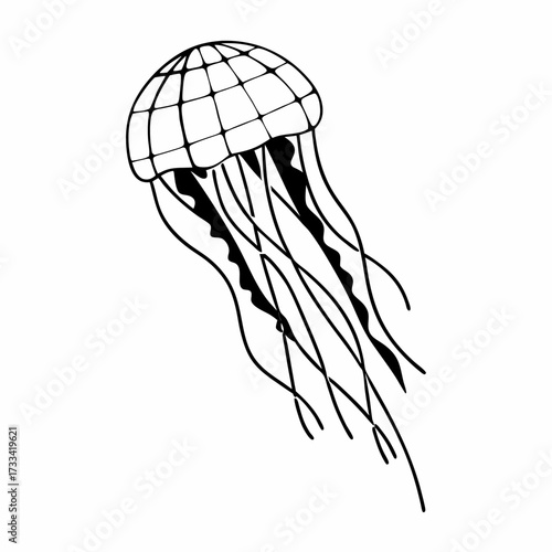 Black outline jellyfish illustration with flowing tentacles  