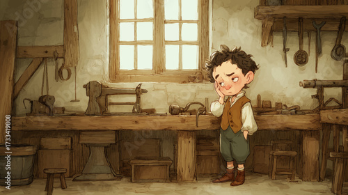 Cartoon illustration of a sad or thoughtful young boy standing in an old workshop filled with vintage tools and wooden workbenches. The nostalgic scene captures a classic, historical atmosphere.