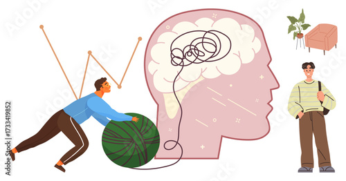 Individual pushing large yarn ball to untangle thoughts within a brain silhouette. Another person observes, sofa, and plant nearby. Ideal for mental health, clarity, focus, problem solving