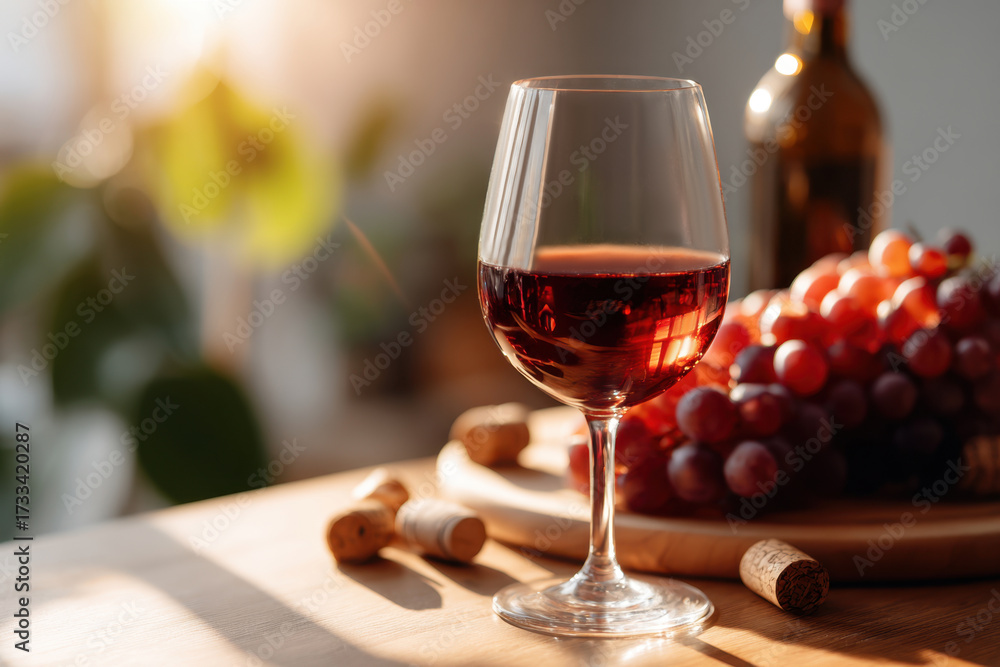 Naklejka premium Ros? wine and grapes at sunset