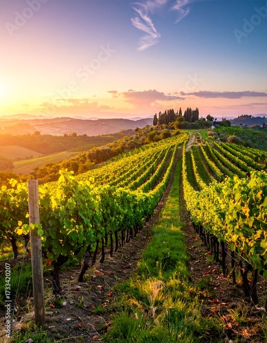 Tuscan vineyard at sunset