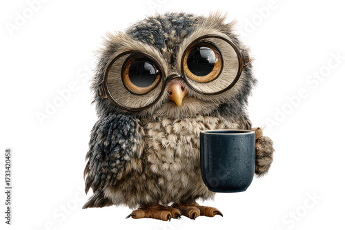 Adorable realistic owl character with large expressive eyes wea round glasses and holding a black coffee mug on a white background