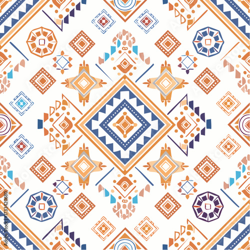 A seamless African tribal geometric pattern with angular symbolic motifs. Perfect for textiles, branding, and traditional surfaces.