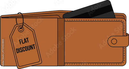 Brown leather wallet with credit card and discount tag, symbolizing savings and smart shopping.
