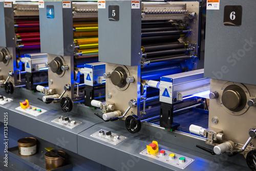 Detailed view of flexographic multi-color industrial printing press rollers. Modern packaging and printing technology.