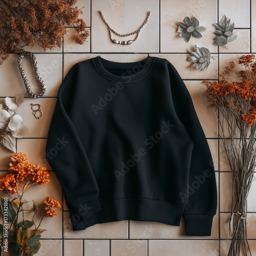 Flat lay of a black long-sleeve sweatshirt mockup on geometric tiles surrounded by autumn decorative items and jewelry for print design and seasonal fashion display