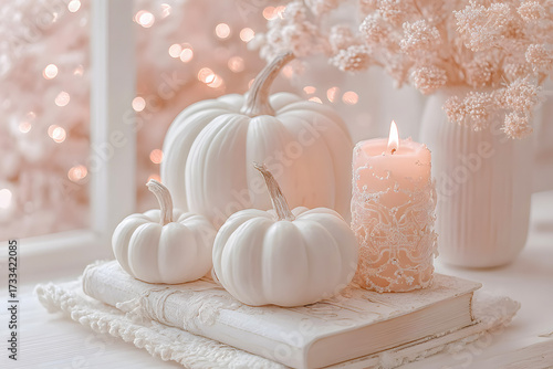 Elegant white pumpkins and candle add a touch of cozy autumn magic to any setting