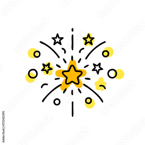 Vector icon of yellow star with surrounding small stars and circles in doodle style, black outline with dynamic rays. Festive illustration for sticker, app, digital