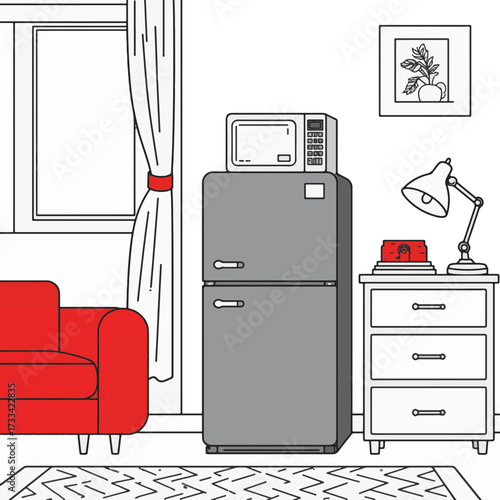 Modern minimalist dorm room with red accents and sleek appliances, creativity
