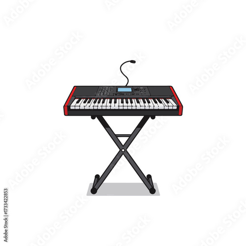 Minimalist musical keyboard in black and white with red accents, creativity