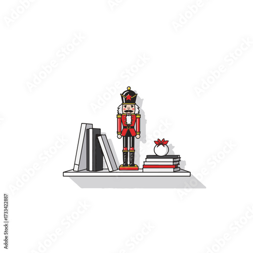Nutcracker figurine on minimalist shelf with books, festive decor