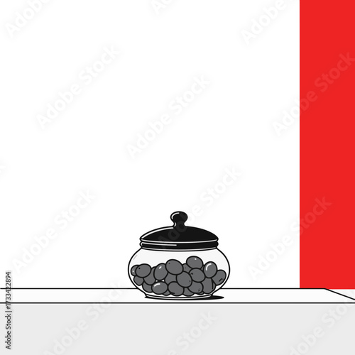 Minimalist olive jar on counter with red accent, modern design