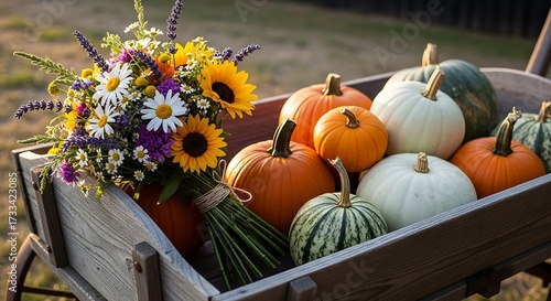 Rustic wooden wheelbarrow filled with autumn pumpkins and a vibrant flower bouquet.
