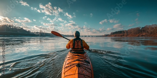 Kayaker paddles a calm river at sunrise (2)