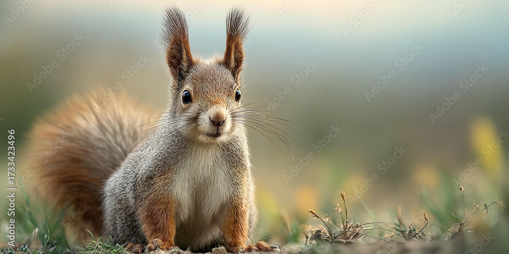 Fototapeta premium A squirrel is standing in the grass with its head down