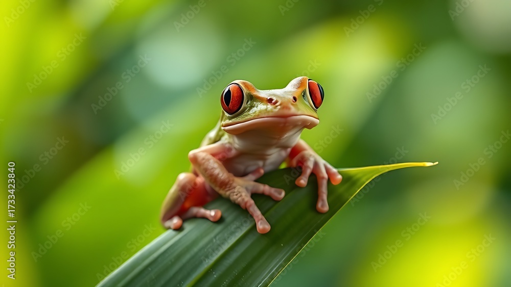 Obraz premium Tree frog perched on tropical leaf, wildlife in natural habitat.