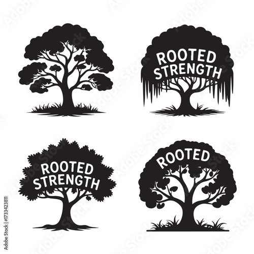 Four Silhouette Trees One With Rooted Strength Text Two Times nature illustration