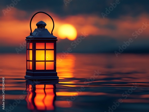 Lantern aglow at twilight, illuminating calm waters under a serene sunset