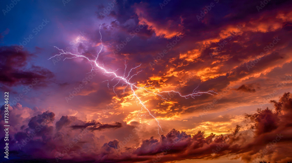 Fototapeta premium Dramatic lightning strikes across a vibrant sunset sky filled with colorful clouds, showcasing the power of nature and the beauty of atmospheric phenomena