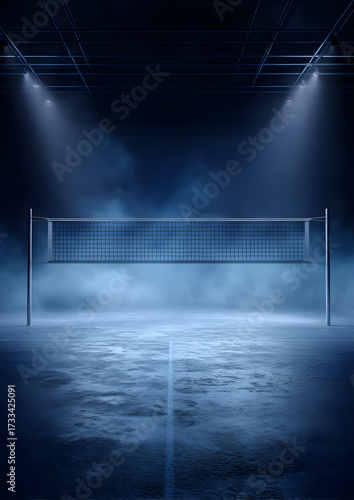 Dramatic Indoor Volleyball Court Under Spotlight and Mist
