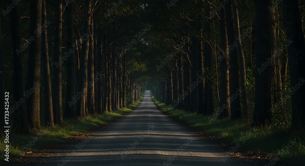 Fototapeta premium Road through tall trees sunlight filters creating a pathway scene