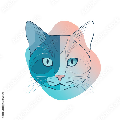 Stylized drawing of a cat's face, split into blue and pink color schemes, with a minimalist and modern design.