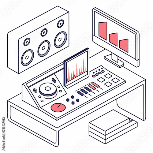 Isometric illustration of a music production studio setup with speakers and mixing console on desk