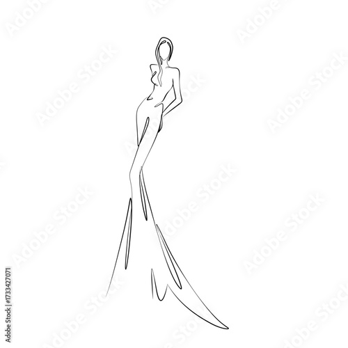 Abstract continuous line art illustration of a stylish female figure in long flowing dress. Perfect for fashion design, modern artwork, and beauty concepts.