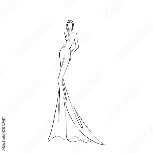 Minimalistic continuous line illustration of a graceful female figure in a flowing gown. Stylish abstract fashion art emphasizing beauty, elegance, and modern design.