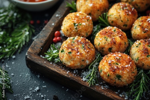 Baked potato balls on wooden tray.