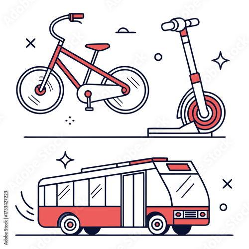 Illustration showing a bicycle, scooter, and bus with a simple red and white color scheme and outline style