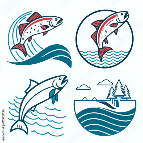Four stylized fish and nature scenes in a square layout with waves and trees illustration design