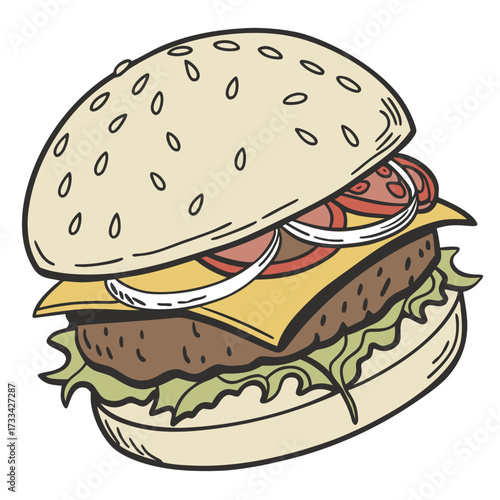 Illustration of a delicious burger with sesame seeds, cheese, lettuce, tomato and onion slices