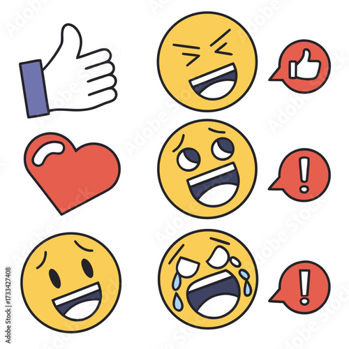 Illustration of various yellow emoji faces expressing different emotions with hand and heart icons