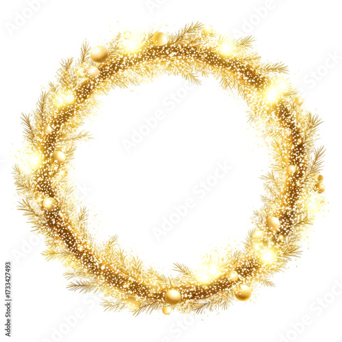 Glowing golden wreath is decorated with light and ornament on transparent background