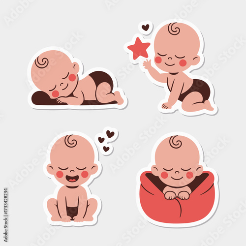 Four Cute Cartoon Babies in Different Poses with Hearts and Stars Keywords: baby, infant, child, cute, cartoon, illustration, sticker, sleeping