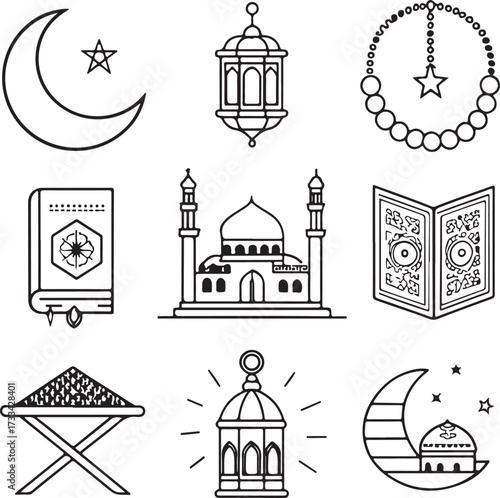 Minimal liner icon design pack, Islamic outline theme, mosque, crescent moon, prayer mat, tasbih, Quran, lantern, kaaba, hajj, and fasting symbols, thin elegant stroke, black and white linear vector i