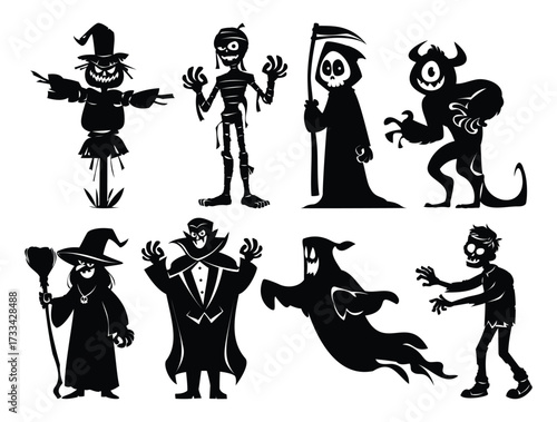 Halloween monster silhouettes set of eight spooky characters: scarecrow, mummy, grim reaper, cyclops, witch, Dracula, ghost, and zombie on white background. Vector cartoon illustration