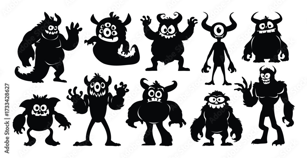 Fototapeta premium Monster silhouettes set of ten funny and scary creatures with horns, multiple eyes, and sharp teeth. Vector cartoon illustration