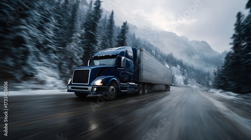 Wallpaper Mural A blue semi truck drives on a wet snowy mountain road in winter surrounded by a dense forest Torontodigital.ca