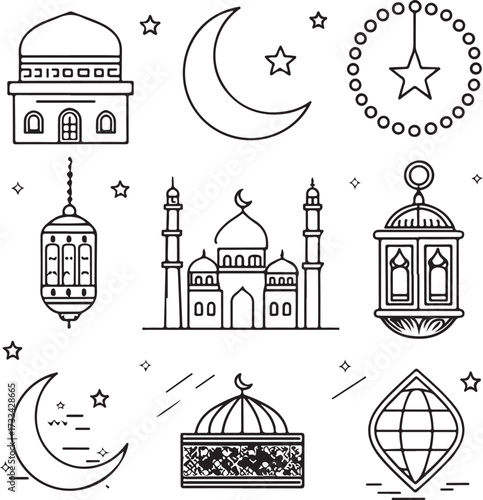 Minimal liner icon design pack, Islamic outline theme, mosque, crescent moon, prayer mat, tasbih, Quran, lantern, kaaba, hajj, and fasting symbols, thin elegant stroke, black and white linear vector i