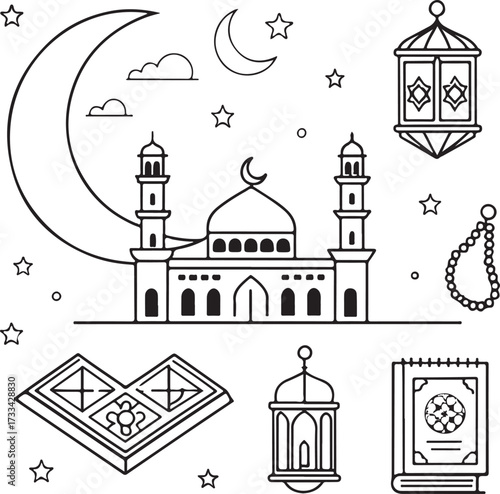 Minimal liner icon design pack, Islamic outline theme, mosque, crescent moon, prayer mat, tasbih, Quran, lantern, kaaba, hajj, and fasting symbols, thin elegant stroke, black and white linear vector i