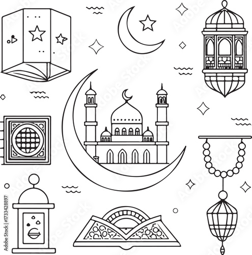 Minimal liner icon design pack, Islamic outline theme, mosque, crescent moon, prayer mat, tasbih, Quran, lantern, kaaba, hajj, and fasting symbols, thin elegant stroke, black and white linear vector i