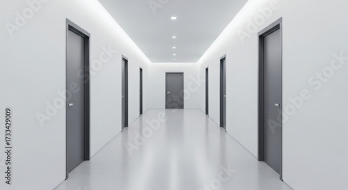 Modern Minimalist Empty White Office Hallway with Grey Doors
