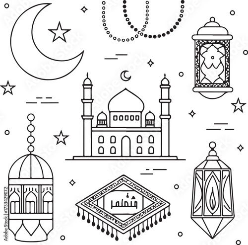 Minimal liner icon design pack, Islamic outline theme, mosque, crescent moon, prayer mat, tasbih, Quran, lantern, kaaba, hajj, and fasting symbols, thin elegant stroke, black and white linear vector i