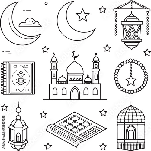 Minimal liner icon design pack, Islamic outline theme, mosque, crescent moon, prayer mat, tasbih, Quran, lantern, kaaba, hajj, and fasting symbols, thin elegant stroke, black and white linear vector i