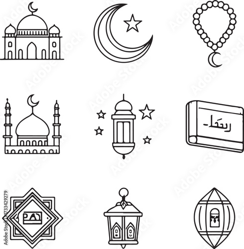 Minimal liner icon design pack, Islamic outline theme, mosque, crescent moon, prayer mat, tasbih, Quran, lantern, kaaba, hajj, and fasting symbols, thin elegant stroke, black and white linear vector i