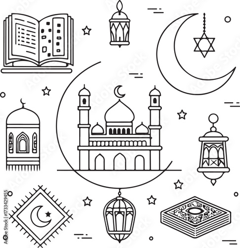 Minimal liner icon design pack, Islamic outline theme, mosque, crescent moon, prayer mat, tasbih, Quran, lantern, kaaba, hajj, and fasting symbols, thin elegant stroke, black and white linear vector i